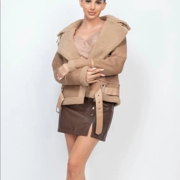 TAUPE BROWN FAUX FUR SUEDE MOTO JACKET BIKER COAT - Picture 2 of 14